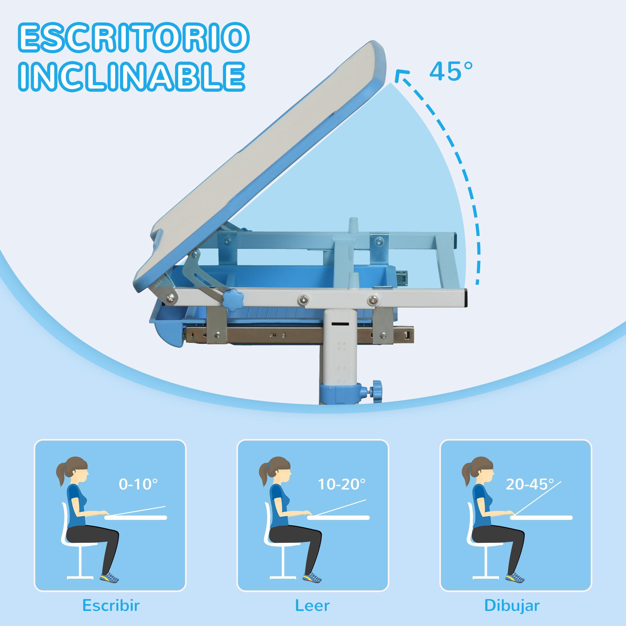 Pupitre Infantil 2 en 1 Juego de Escritorio y Silla para Niños de +6 Años con Altura Ajustable Mesa Regulable en Ángulo y Bandeja Deslizante 66x47x77 cm Azul