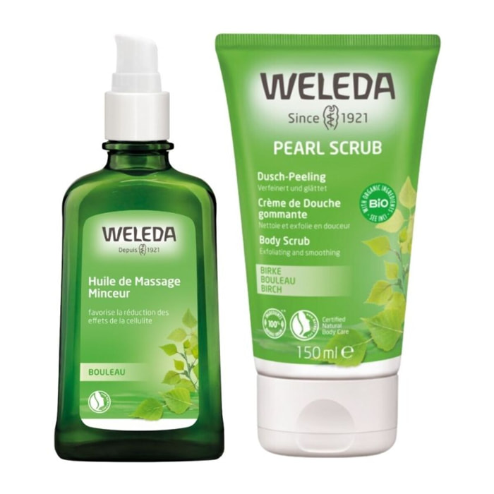 WELEDA - DUO rituel corps - Huile de massage Minceur + Crème de douche gommante au Bouleau - Certifié Natrue**- Flacon pompe verre 100 ml - 150 ml