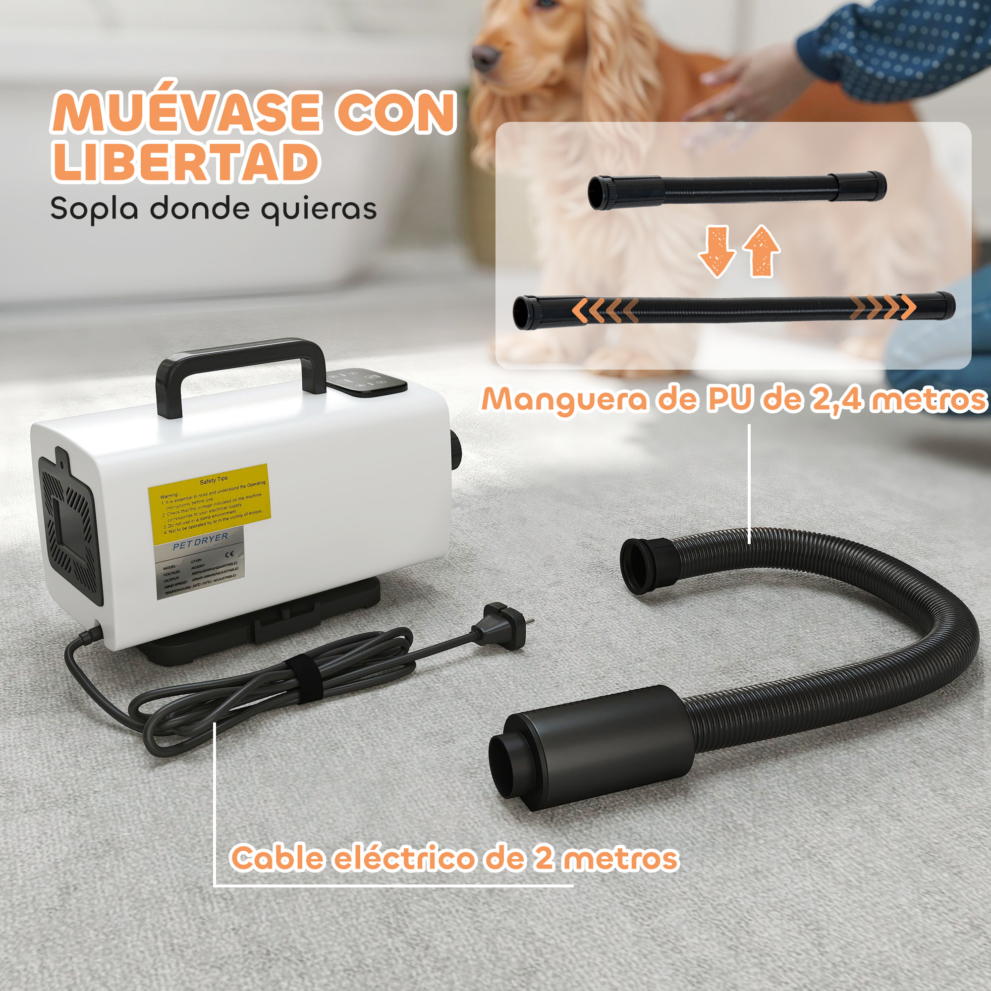 Secador de Perros Secador de Pelo para Perros 2200 W Velocidad y Temperatura Ajustables 3 Boquillas Pantalla Digital para Aseo Ducharse Secarse Blanco