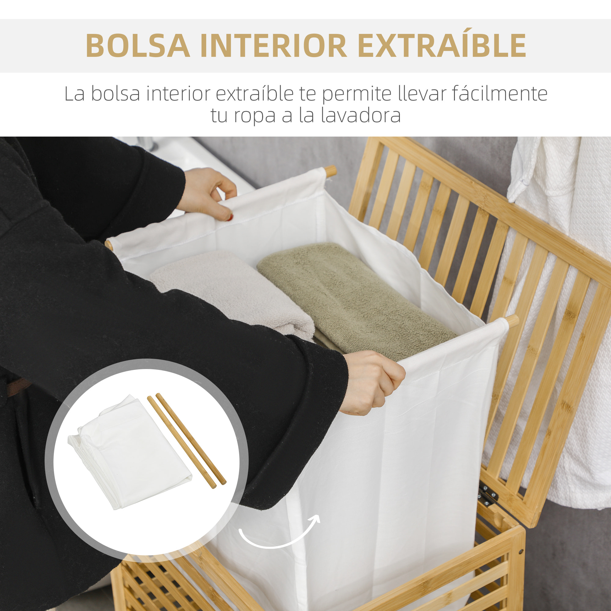 Cesto para Ropa Sucia de Bambú Capacidad de 55L Cesta para la Colada con 2 Asas y Bolsa Extraíble Forma de Rectangular 50x36x60 cm Natural