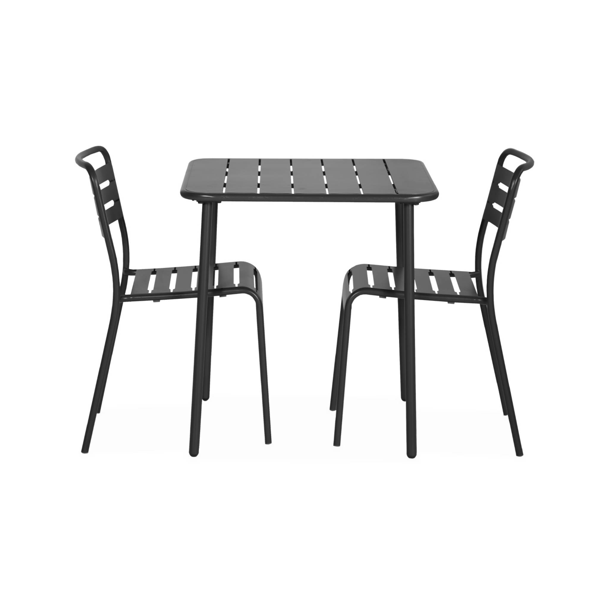 Table de jardin métal + 2 assises anthracite Amélia. lattes et bords arrondis. traitement antirouille