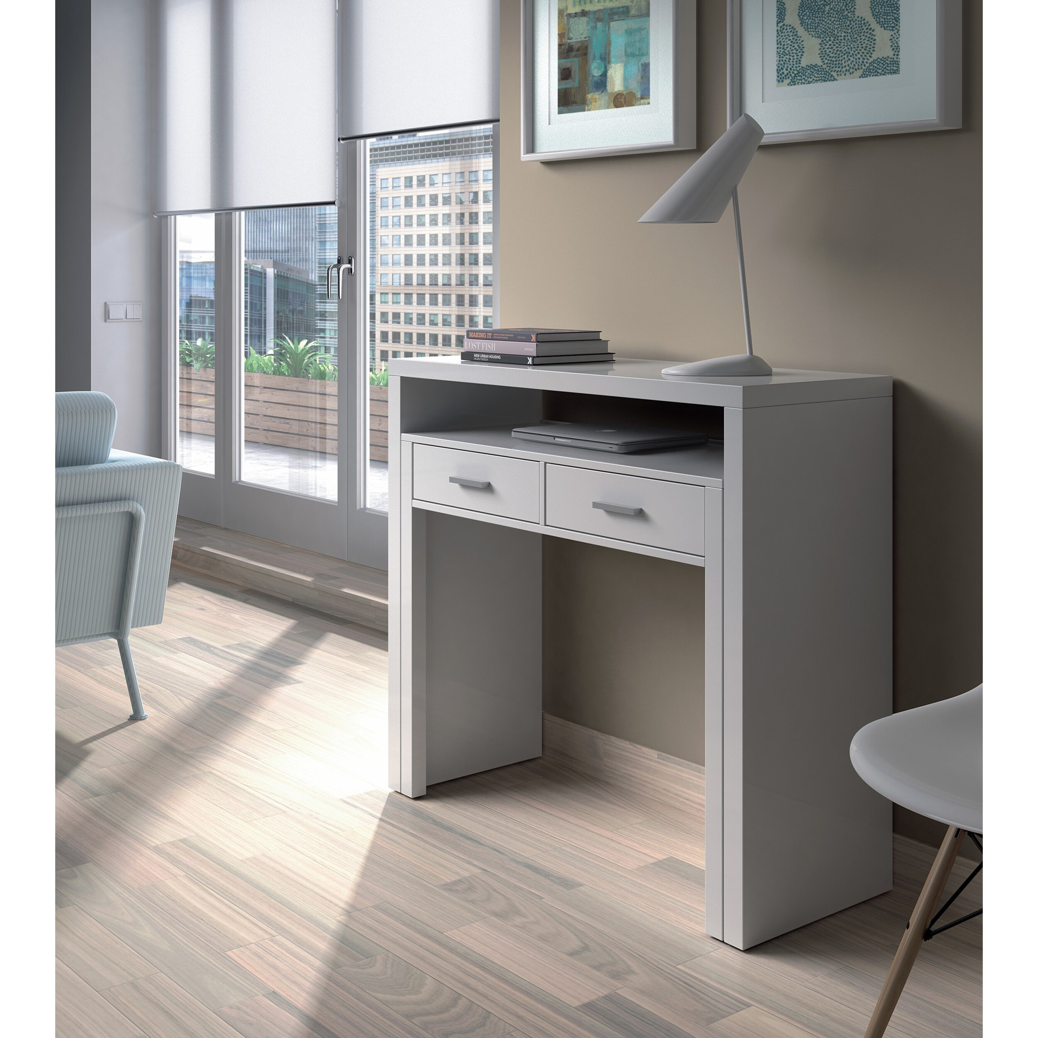 Scrivania Allungabile Con 2 Cassetti Scrittoio Ufficio Cameretta Salvaspazio Estensibile Design Arredo Casa 98.5 x 36 x 87.5 cm Bianco
