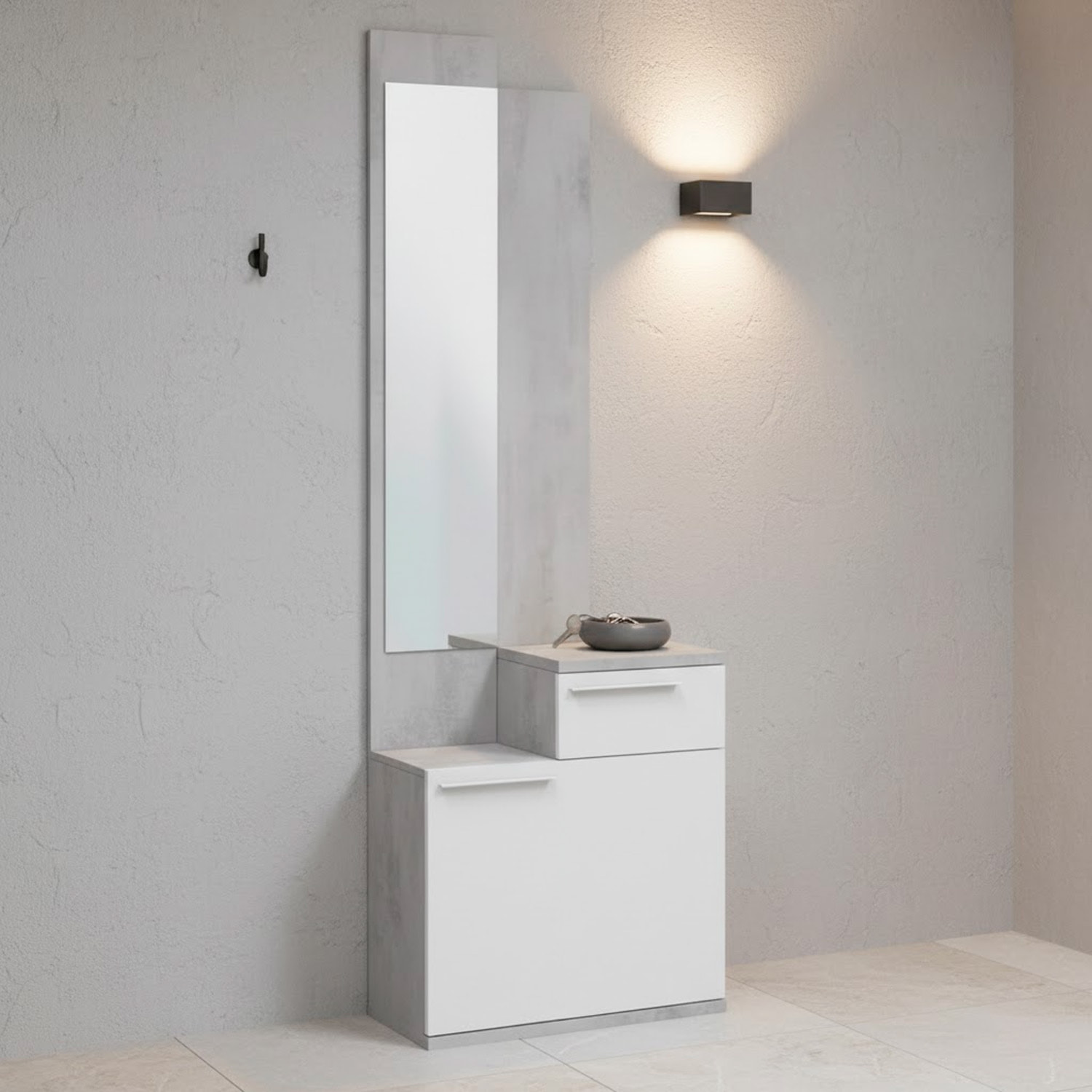 Mobile Da Ingresso Set Con Specchio E Scarpiera a Ribalta Mobile Salvaspazio Con Cassetto e Ripiani Per Ingresso 61x28x185 Cm Bianco E Grigio Cemento