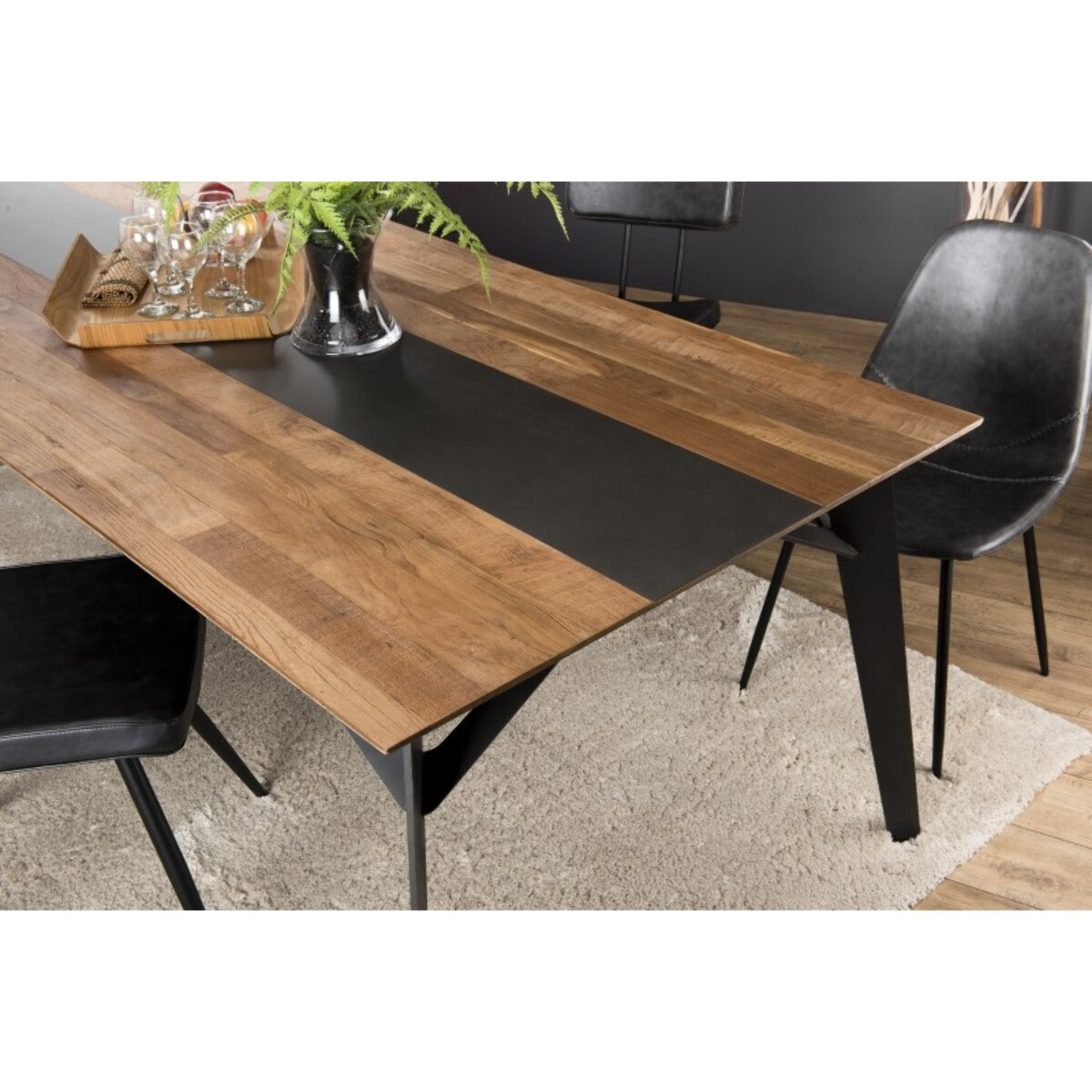 MAXENCE - Table à manger rectangulaire 220x100cm bois Teck recyclé métal et pieds métal noir