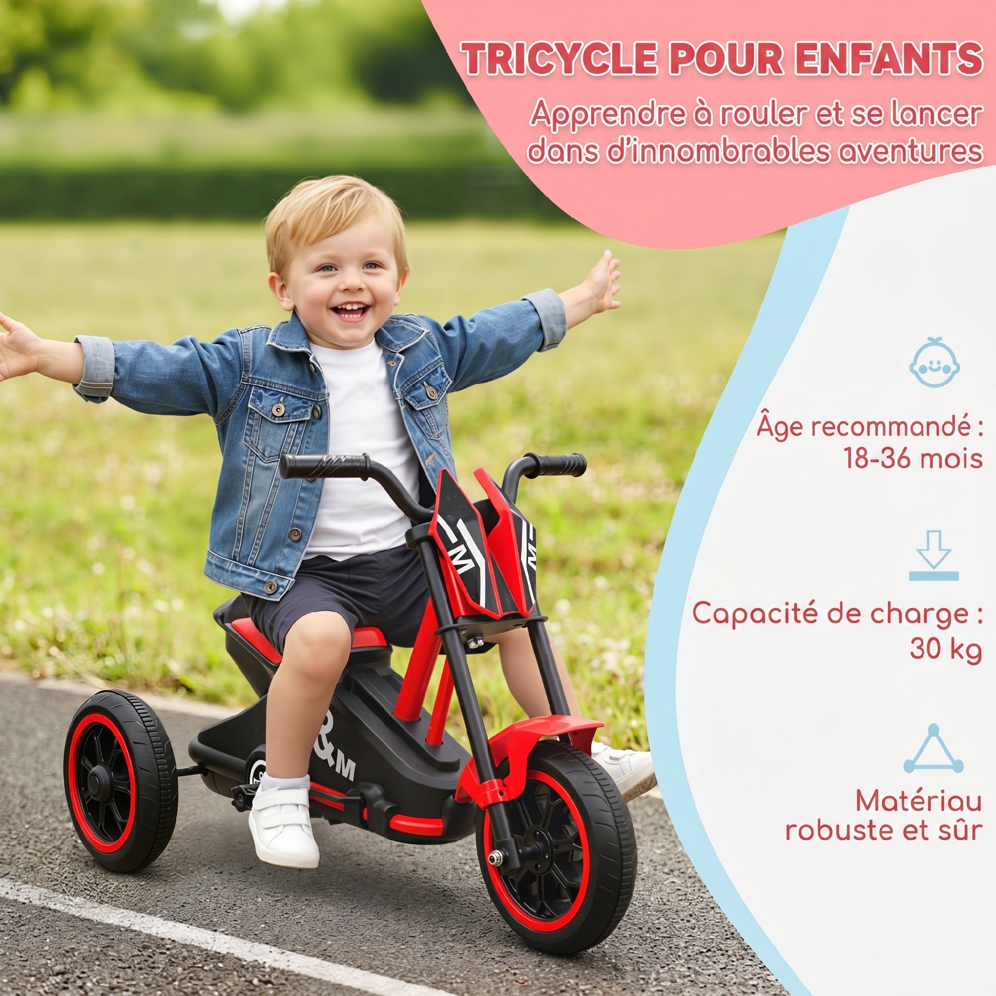Tricycle enfant moto roues dia. 21,5 cm rouge noir