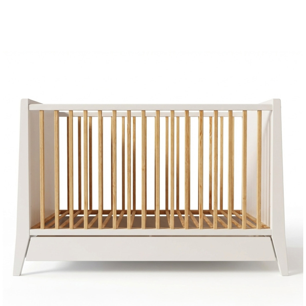 Lit Evolutif Timéo à barreaux 60 x 120 cm, Couleur Blanc & Bois, En Bois, 3 Hauteurs, Tiroir intégré, Barreaux amovibles