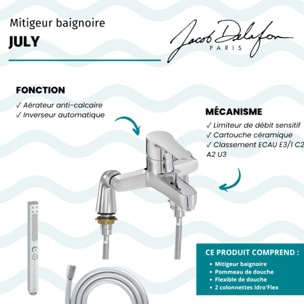 Mitigeur baignoire July + pommeau de douche Shift+ carré + flexible de douche lisse + colonnettes Idro'Flex
