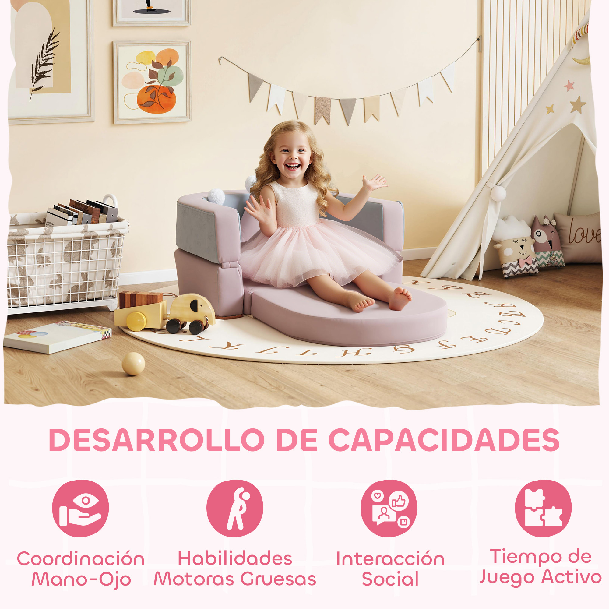 Sofá Infantil Convertible, Sofá para Niños con Cojín de Corona, Plegable en Cama y Zona de Juego, Tapizado de Terciopelo Suave, para Niños 18-36 Meses, Rosa y Azul Grisáceo