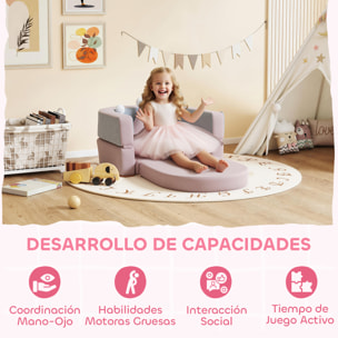 Sofá Infantil Convertible, Sofá para Niños con Cojín de Corona, Plegable en Cama y Zona de Juego, Tapizado de Terciopelo Suave, para Niños 18-36 Meses, Rosa y Azul Grisáceo
