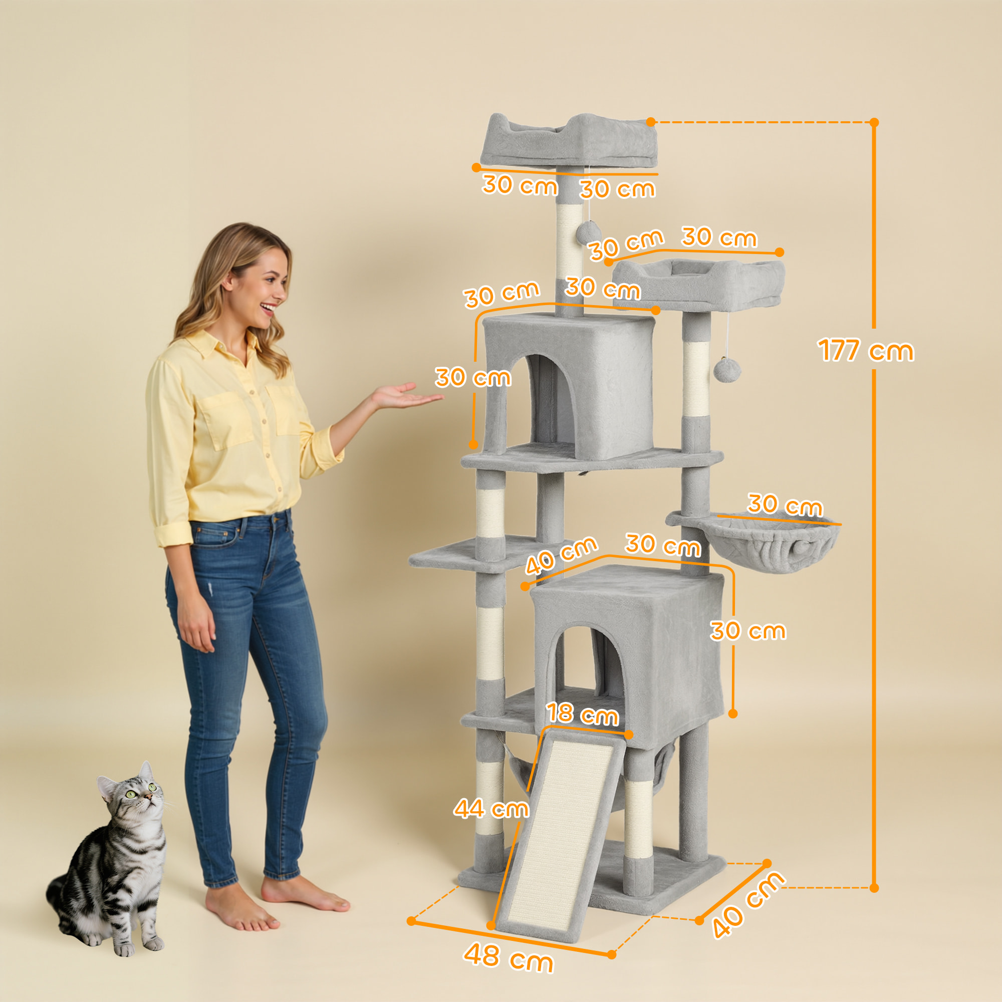 Arbre à chat design grande taille H.177cm équipements jeux multiples sisal naturel peluche gris clair