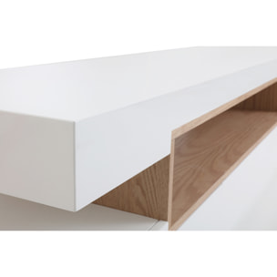 Meuble TV design blanc laqué brillant et bois L200 cm LIVO