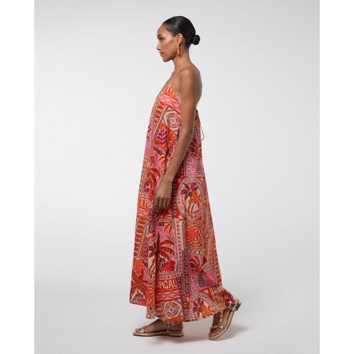Abito lungo multicolore in lurex con stampa tropicale