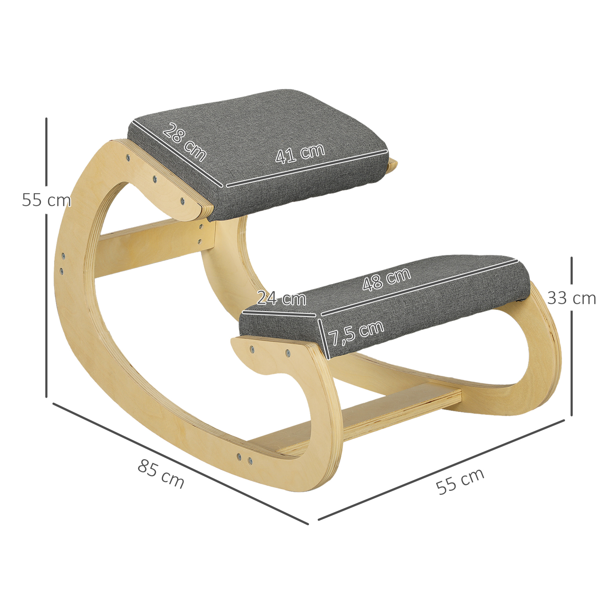 Silla Ergonómica de Rodillas, Silla de Rodillas de Madera, Taburete Ergonómico, Cojín Acolchado, para Mejorar la Postura, para Casa y Oficina, Gris