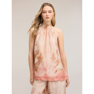 Motivi - Top de raso con estampado y cuello fruncido - Rosa cipria