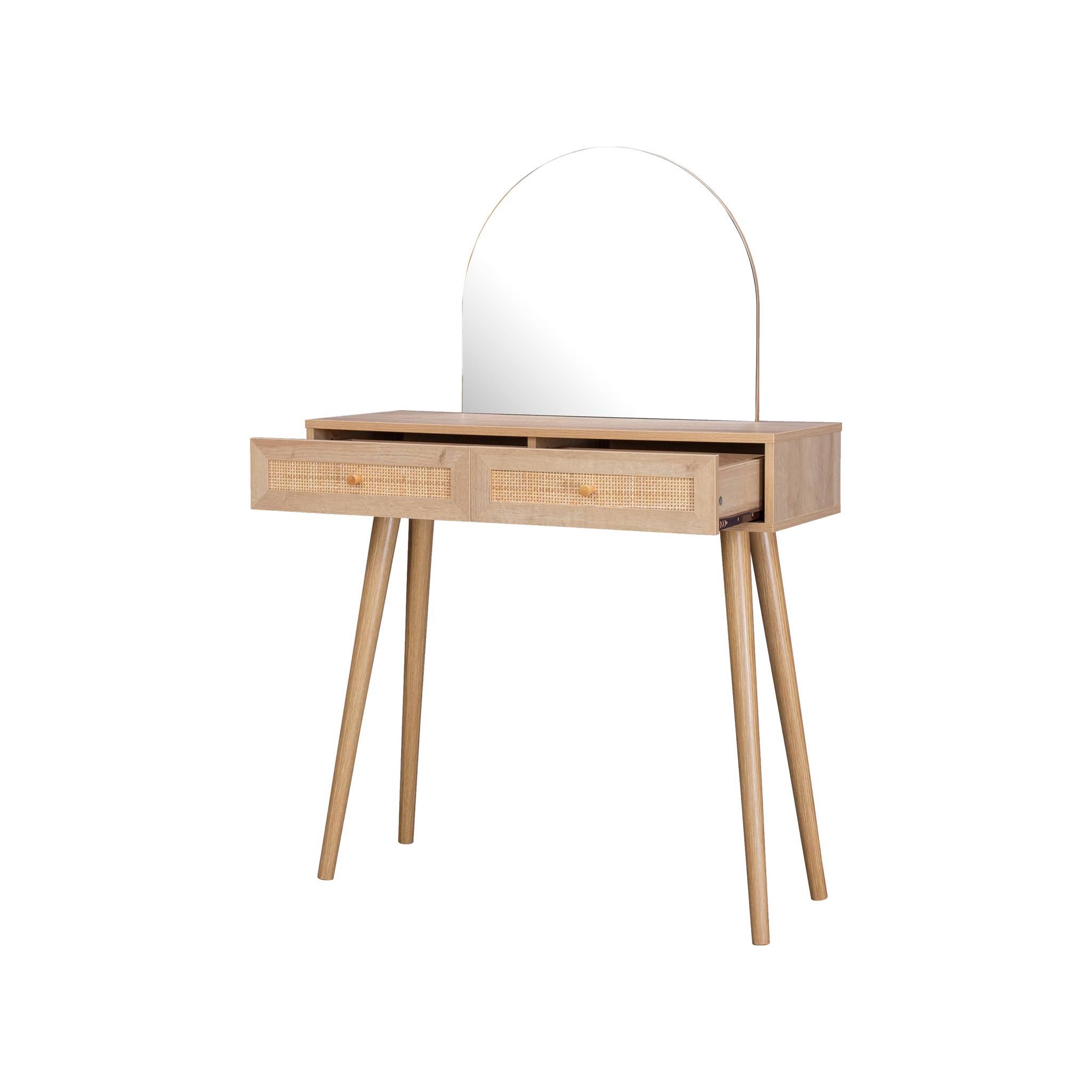 Coiffeuse Bohème avec miroir arrondi et 2 tiroirs cannage. coloris naturel. style Scandinave. L 90 x P 35 x H 135.5 cm