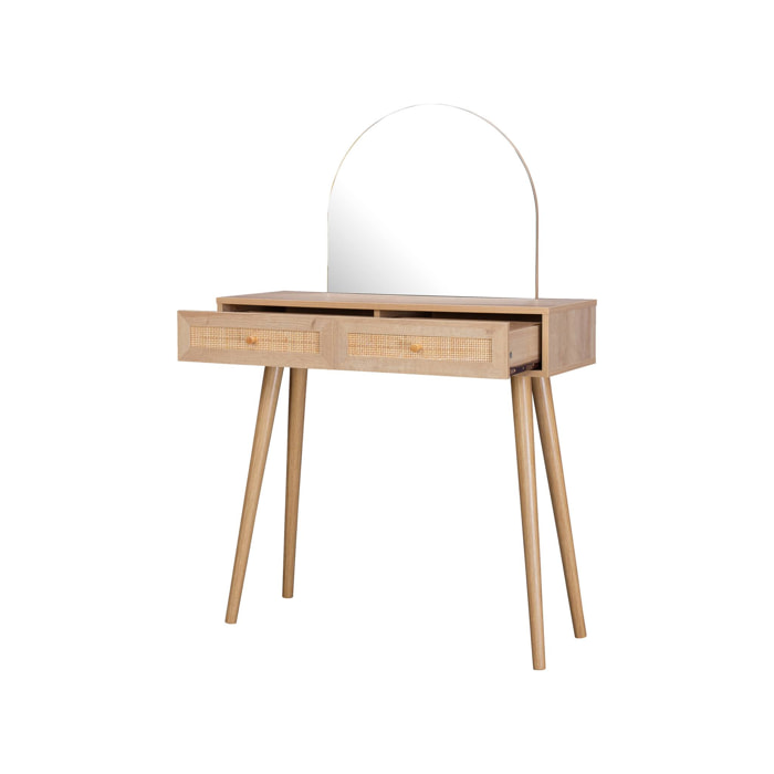 Coiffeuse Bohème avec miroir arrondi et 2 tiroirs cannage. coloris naturel. style Scandinave. L 90 x P 35 x H 135.5 cm