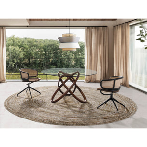 Silla Angel Cerdá giratoria con reposabrazos tapizada en tela aterciopelada en marrón y respaldo de rattán en natural con estructura y patas en acero inoxidable en negro 56x53x74cm