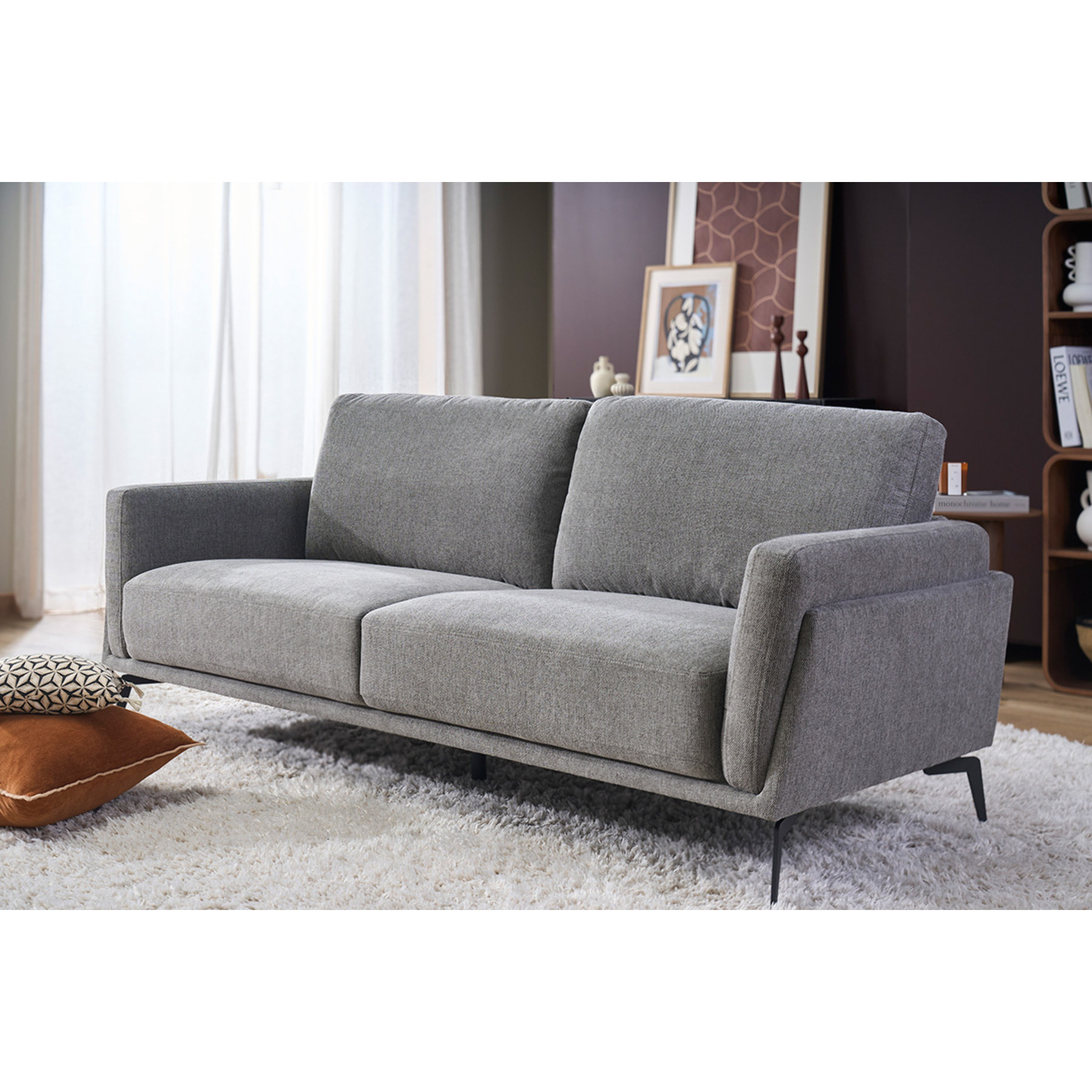 Canapé design 3 places en tissu effet velours texturé gris et métal noir MOSCO