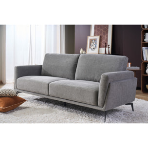 Canapé design 3 places en tissu effet velours texturé gris et métal noir MOSCO