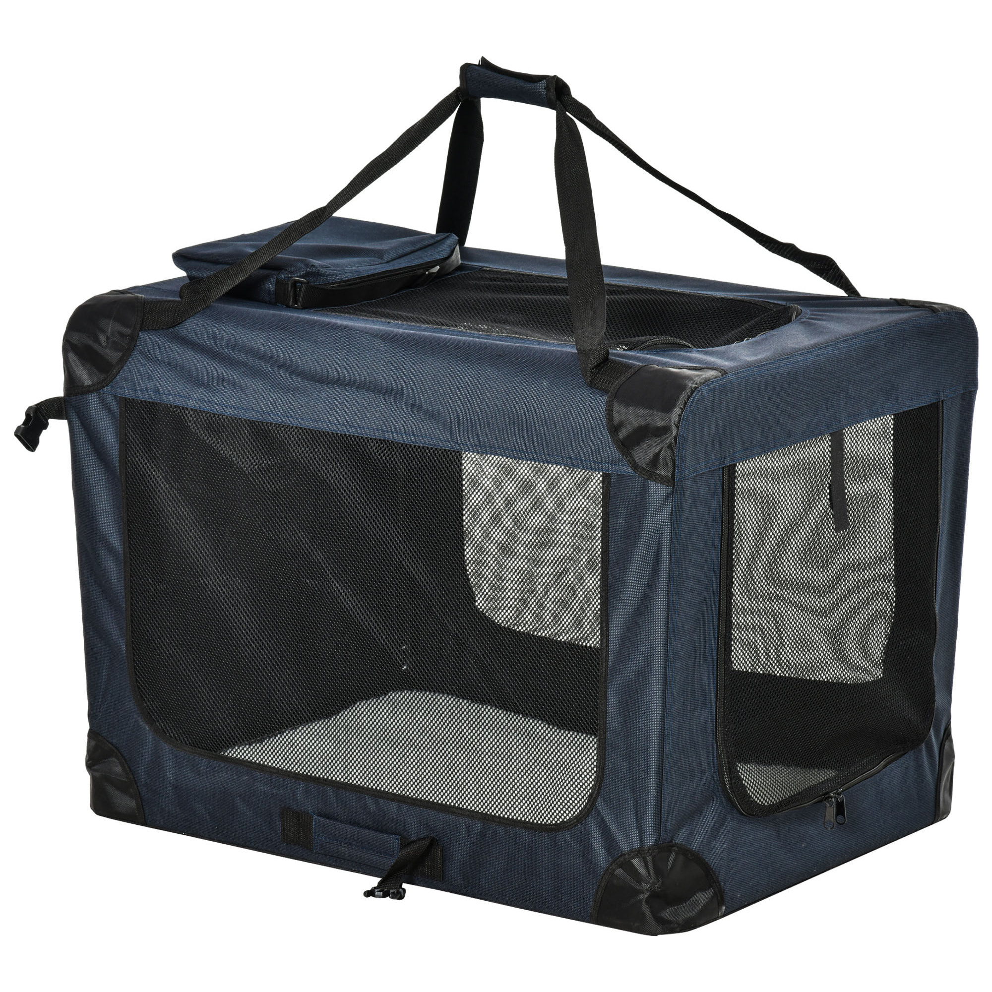 Transportín Perro Gato Bolsa de Transporte Portátil y Transpirable para Mascotas Plegable con Cojín 3 Puertas y Ventana de Malla 2 Bolsillos 80,5x57x57 cm Azul Oscuro