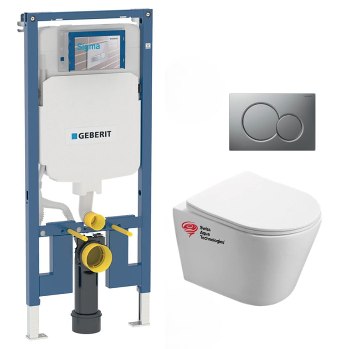 Pack WC Bati-support Geberit extra-plat + Cuvette Swiss Aqua Technologies sans bride fixations invisibles + Plaque