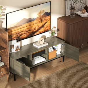 Meuble TV banc TV 2 portes étagère verre 140x40x49cm piètement acier noir effet bois gris