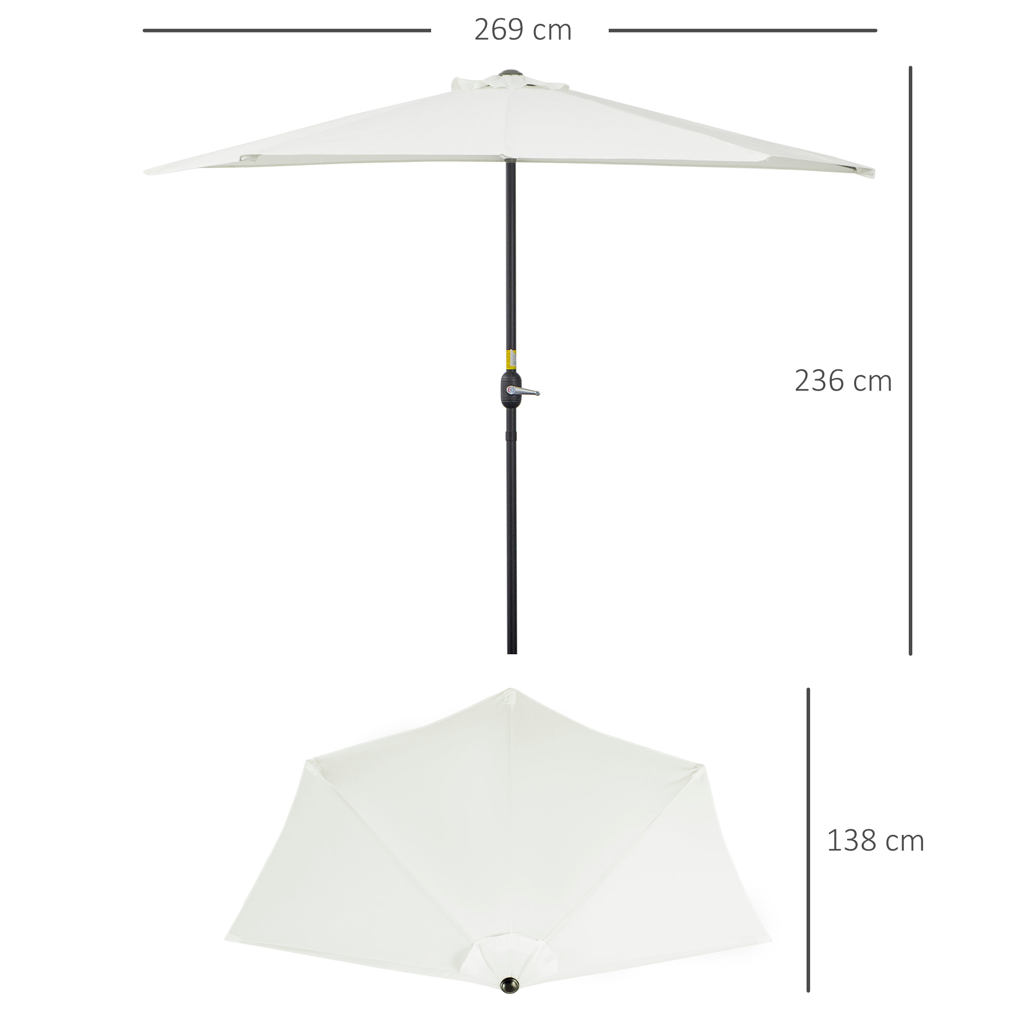 Sombrilla 269x138x236 cm Parasol de Jardín con Manivela y Forma Semicircular para Exterior Terraza Patio Piscina Crema