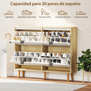 Zapatero Estrecho con 4 Puertas en Blanco Brillo, Zapatero Entrada Recibidor con Estantes Ajustables Patas de Madera, para 20 Pares de Zapatos, 105x24x92,5 cm Blanco