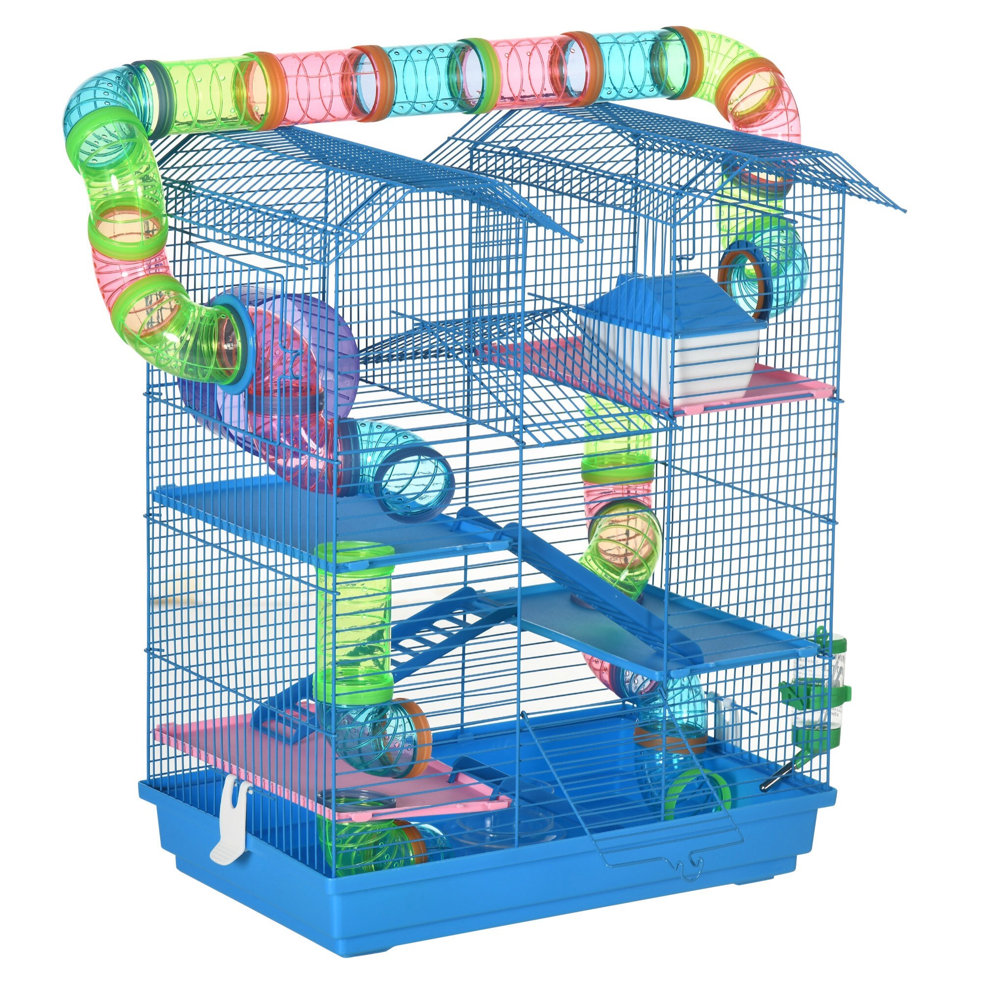 Cage pour hamster souris petits animaux rongeur avec tunnel mangeoire roue jouet 47 x 30 x 59 cm cm bleu