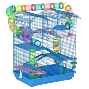 Cage pour hamster souris petits animaux rongeur avec tunnel mangeoire roue jouet 47 x 30 x 59 cm cm bleu