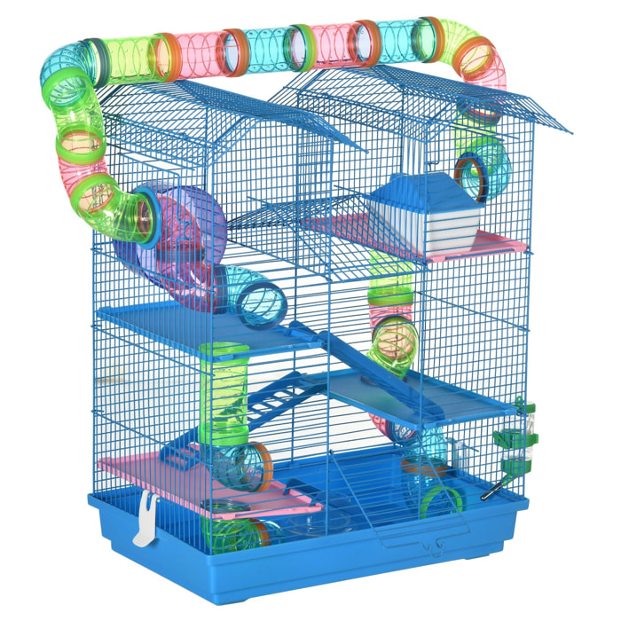 Cage pour hamster souris petits animaux rongeur avec tunnel mangeoire roue jouet 47 x 30 x 59 cm cm bleu