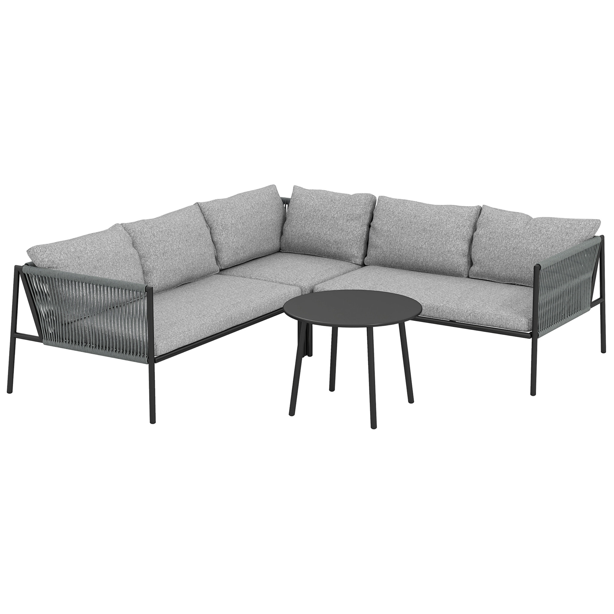 Salon de jardin d'angle 5 places en résine tressée avec table basse et coussins gris