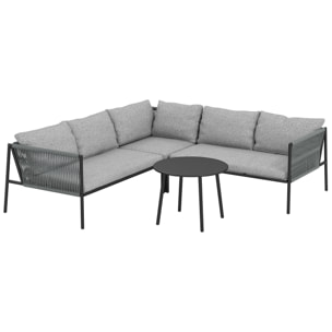 Salon de jardin d'angle 5 places en résine tressée avec table basse et coussins gris