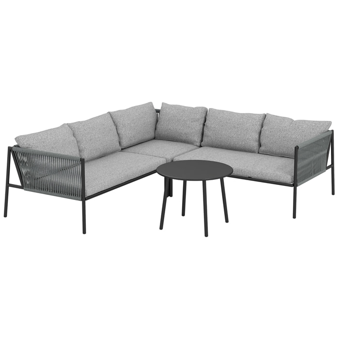 Salon de jardin d'angle 5 places en résine tressée avec table basse et coussins gris