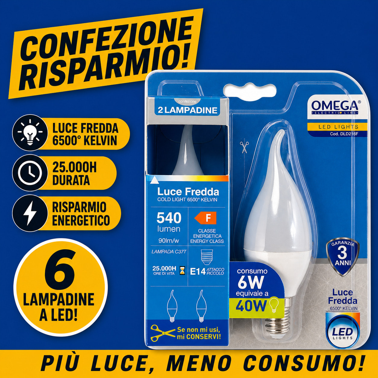 OMEGA Set 6 Lampadine LED Soffio di Vento 6W E14 6500K
