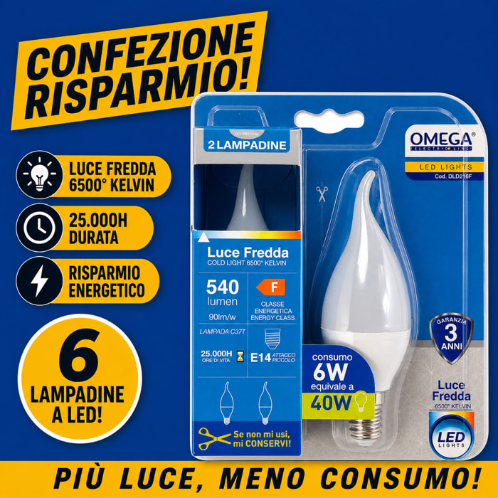 OMEGA Set 6 Lampadine LED Soffio di Vento 6W E14 6500K