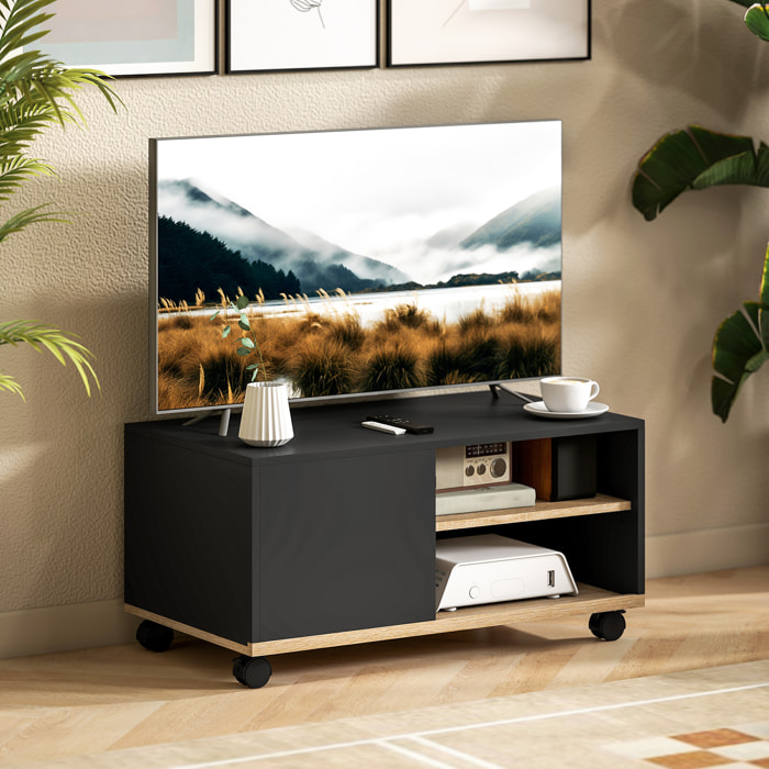 Meuble TV sur roulettes avec 2 freins - 2 niches + placard porte 2 passe-fil - panneaux particules noir chêne clair