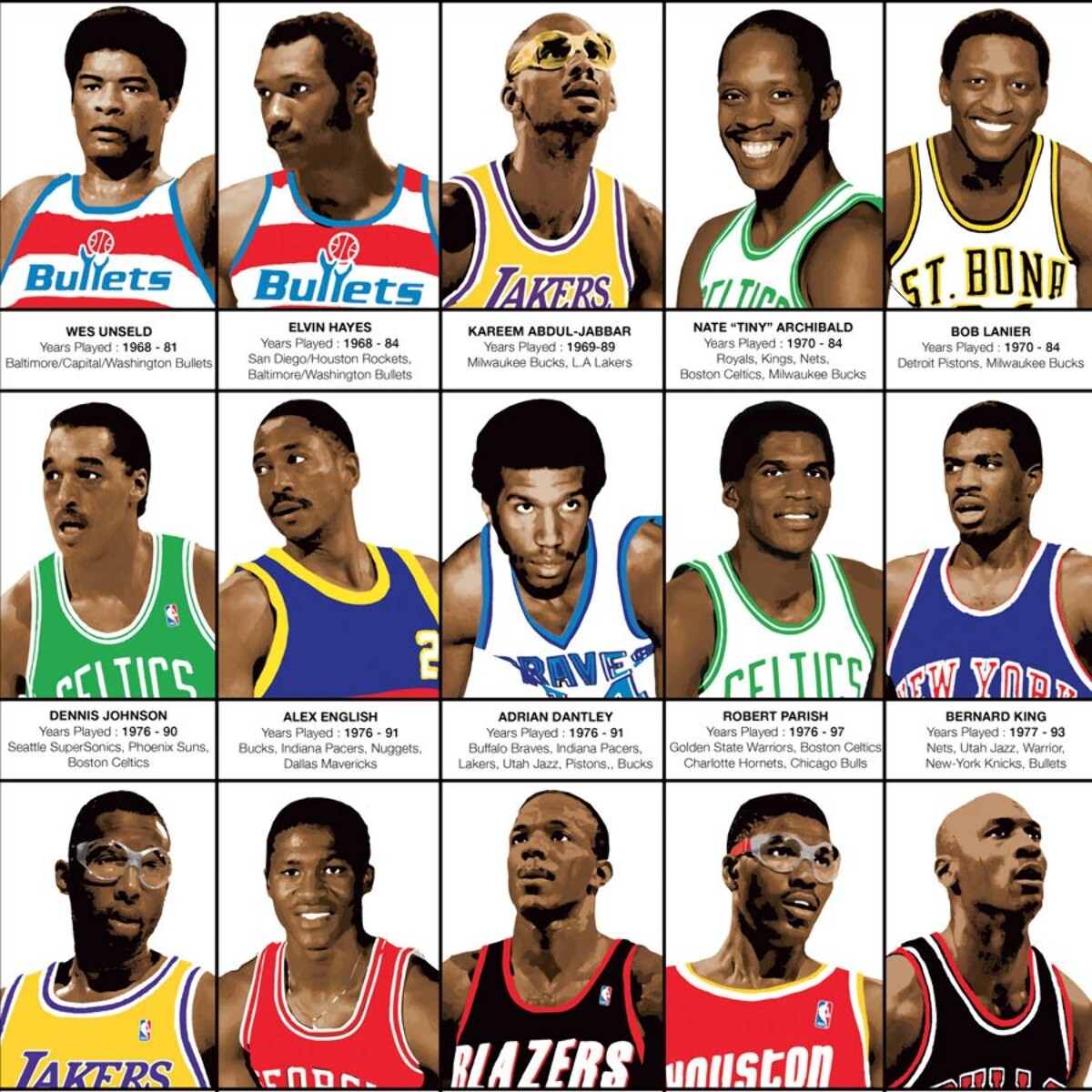 Affiche 50 x 70 cm - Legendary Basketball Players - Olivier Bourdereau