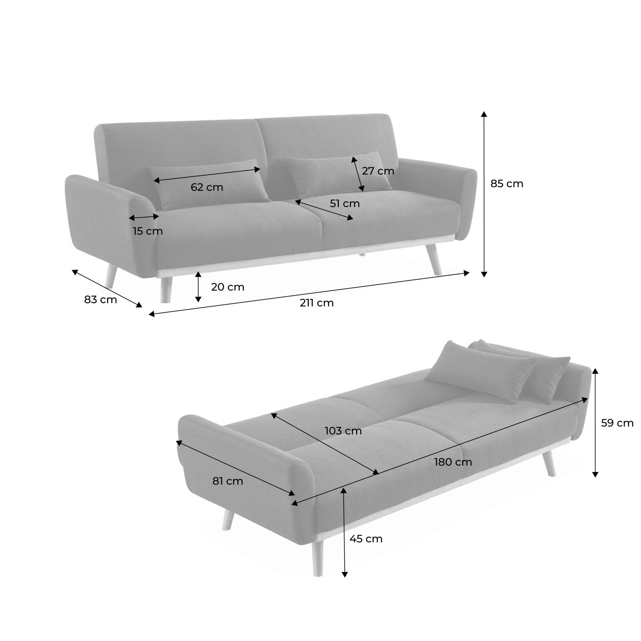 Canapé convertible à bouclettes crème - Oskar - 2 - 3 places scandinave droit avec pieds bois