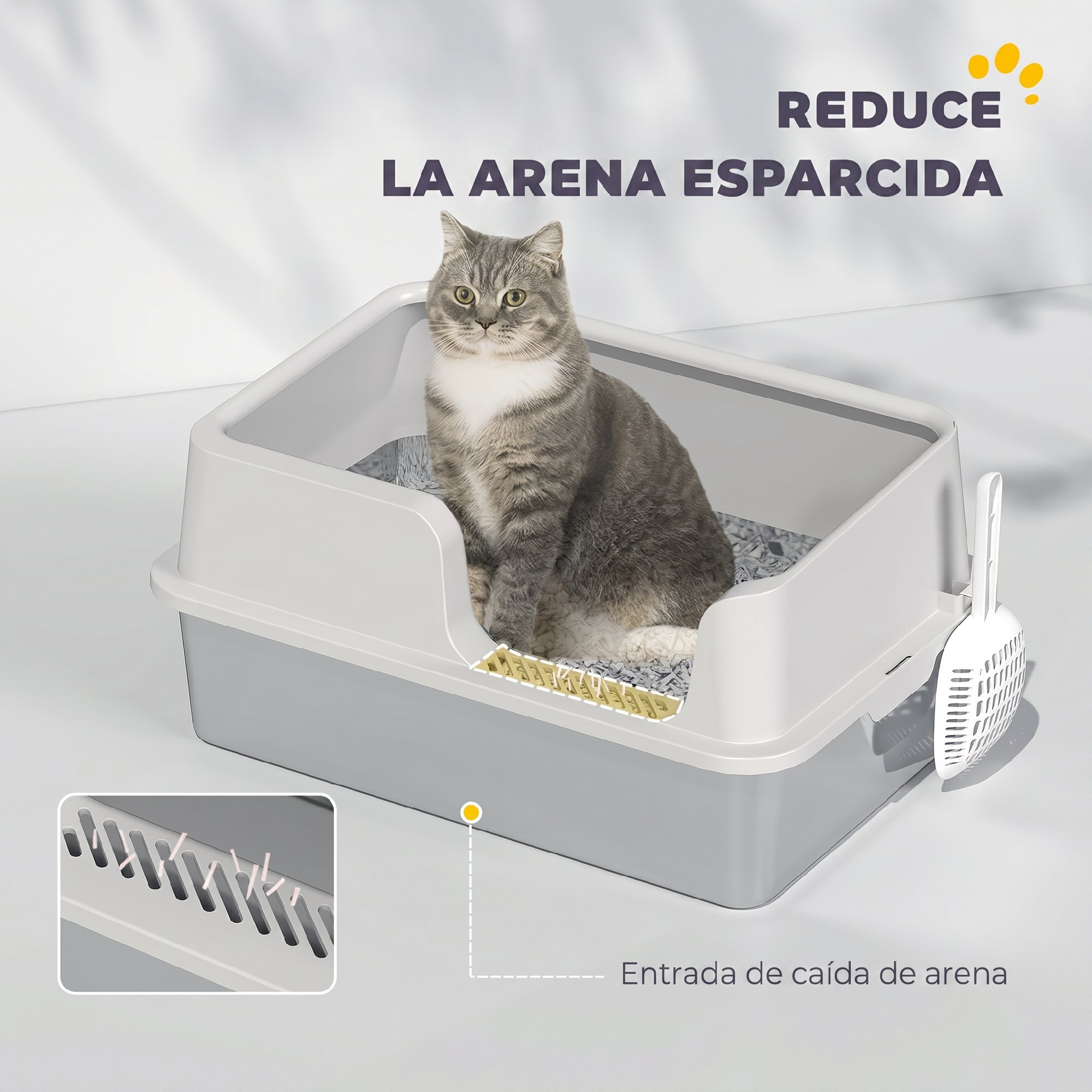 PawHut Arenero para Gatos de Acero Inoxidable XL, Caja de Arena para Gatos Grandes, Arenero Extragrande con Borde Alto, Pala, Fácil de Limpiar, Antifugas, 60x40x28 cm, Gris Claro