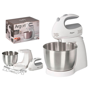 Impastatrice bianca con ciotola da 3L. 5 velocità e 300W. Include accessori per montare e impastare.