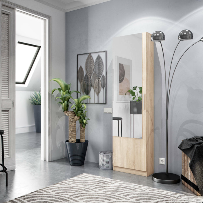 Scarpiera Euro, Armadio portascarpe alta a 1 anta, Mobile portascarpe moderno, Armadio da ingresso con specchio, 50x22h180 cm, Rovere