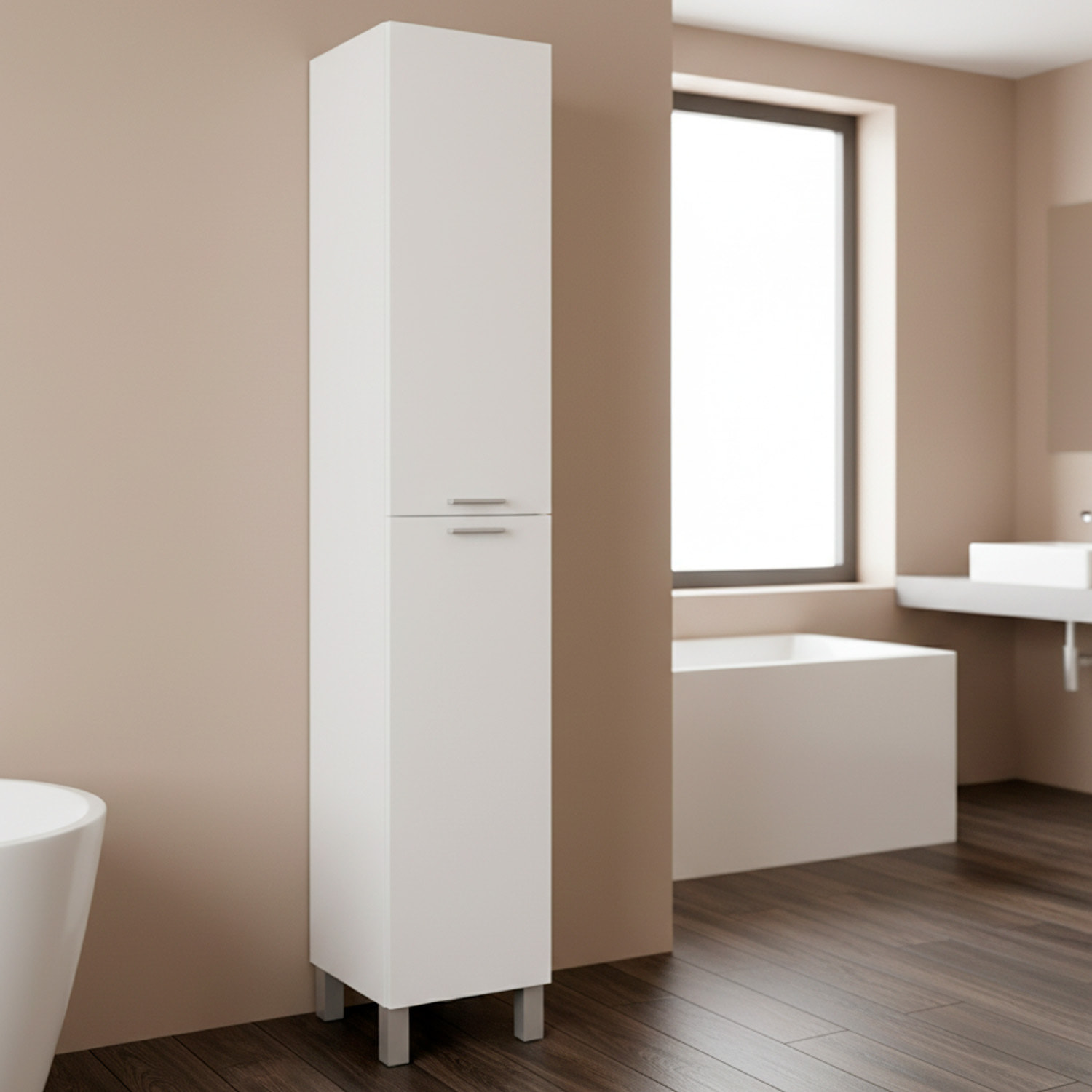 Colonna Armadio Da Bagno Con Doppia Anta E 4 Ripiani Mobile Alto Salvaspazio In Melaminico Chiusura Ammortizzata 30 x 25 x 182 Cm Bianco Lucido