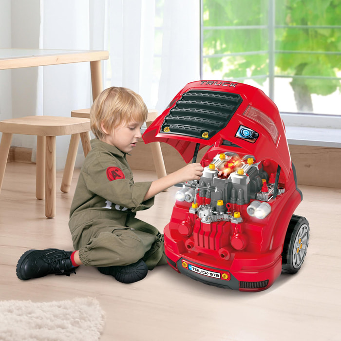 Camion mécano 2 en 1 - jouet bricolage enfant - jeu d'imitation mécanicien - nombreux accessoires total de 61 pièces - effets sonores et lumineux - PP ABS rouge