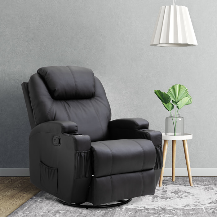 Fauteuil luxe de relaxation et massage inclinaison dossier repose-pied réglable revêtement synthétique noir