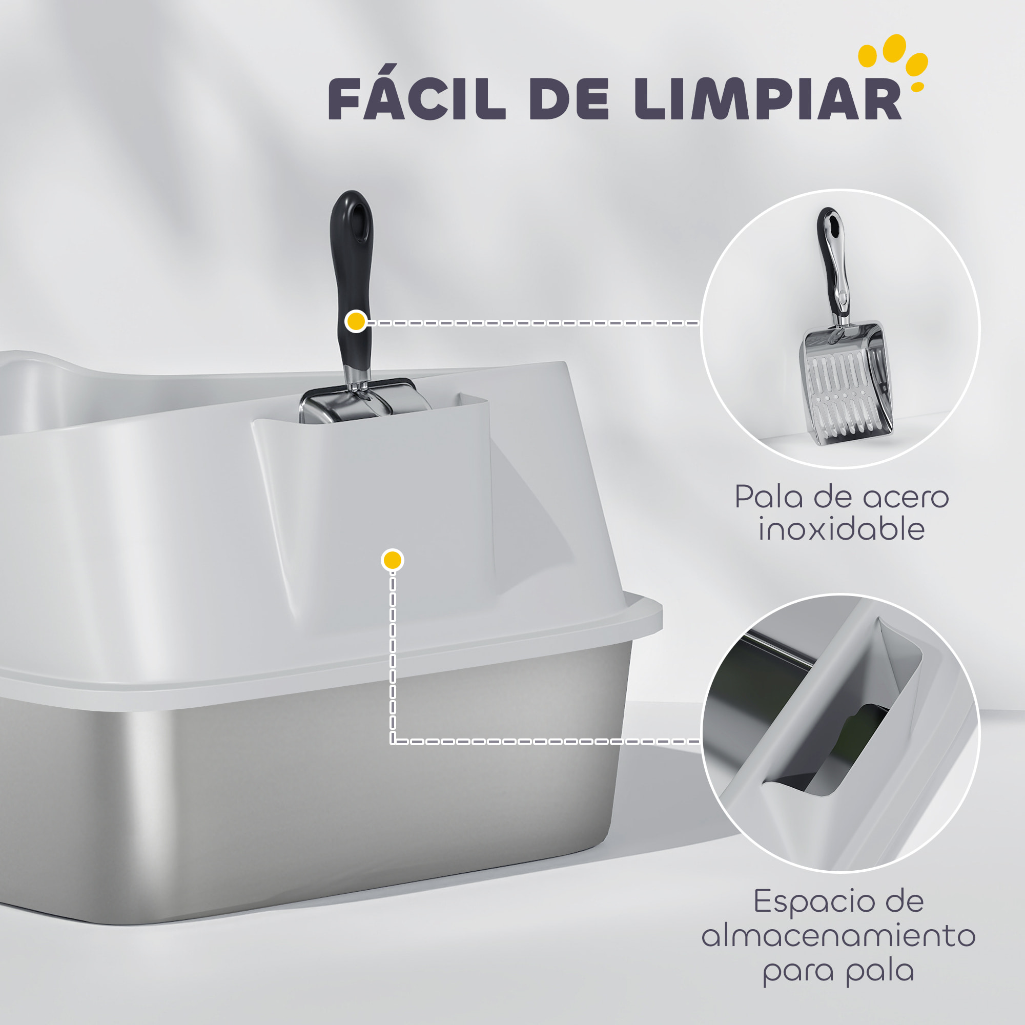 Arenero para Gatos de Acero Inoxidable XL, Caja de Arena para Gatos, Arenero con Borde Alto, Pala Metálica, Fácil de Limpiar, Prueba de Fugas, 60,2x40,2x29,7 cm, Gris