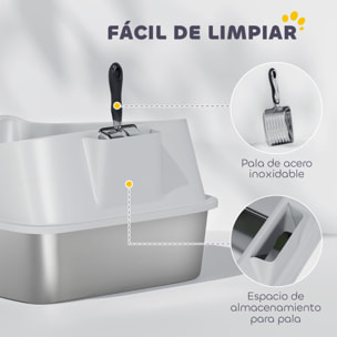 Arenero para Gatos de Acero Inoxidable XL, Caja de Arena para Gatos, Arenero con Borde Alto, Pala Metálica, Fácil de Limpiar, Prueba de Fugas, 60,2x40,2x29,7 cm, Gris