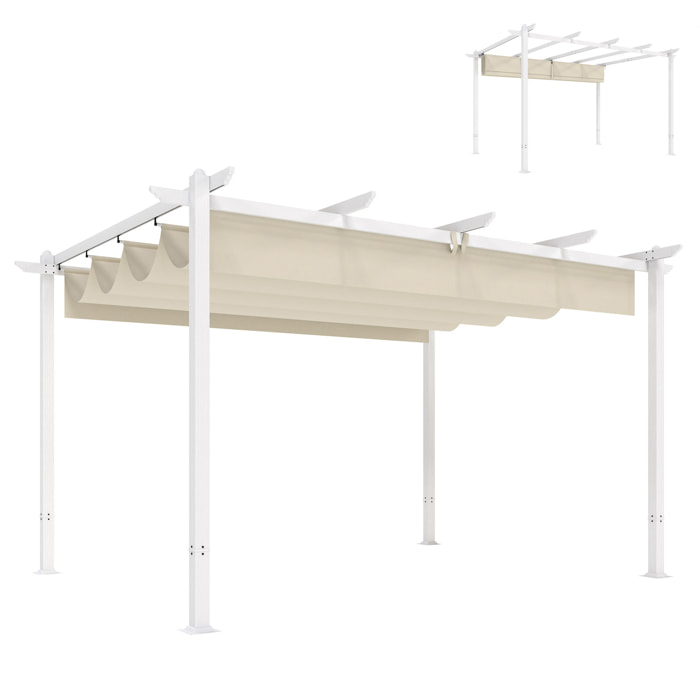 Pérgola de Jardín 4x3 m con Techo Retráctil, Cenador de Jardín con Protección UPF30+, Orificios de Drenaje, Estructura Metálica, Pabellón para Patio, Terraza, Exterior, Beige
