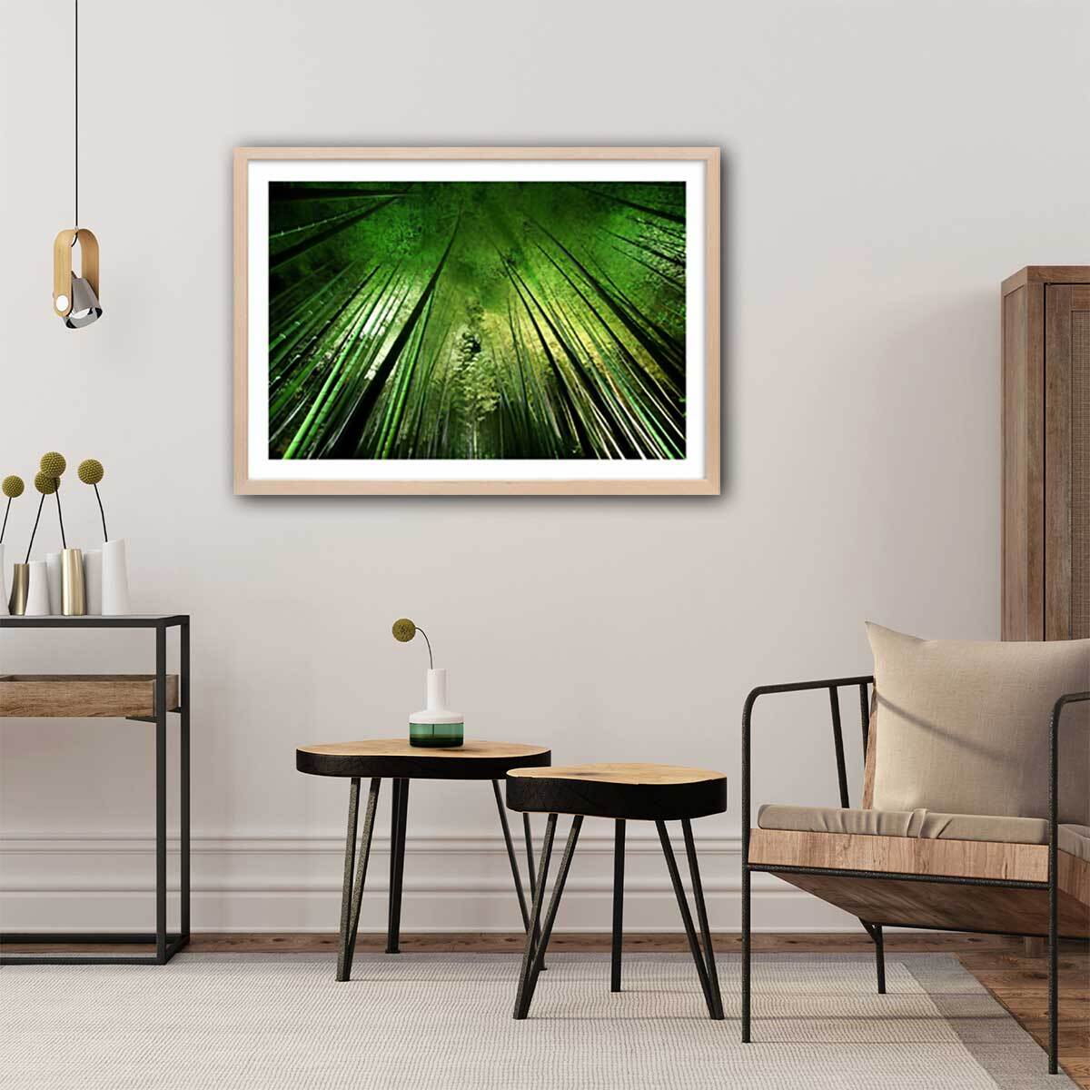 Affiche nature forêt de bambous à kyoto Affiche + cadre en bois - Chêne
