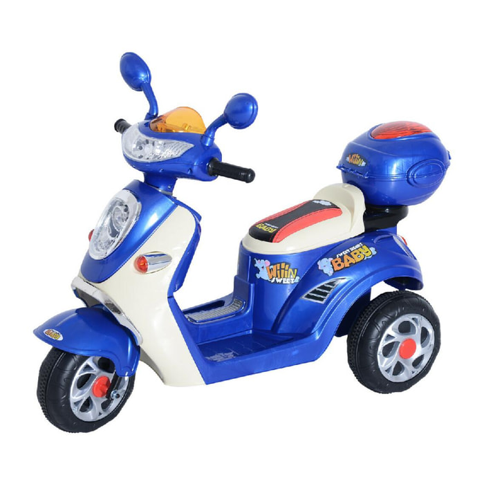 Moto scooter électrique pour enfants 6 V env. 3 Km/h 3 roues et topcase effet lumineux et sonore bleu